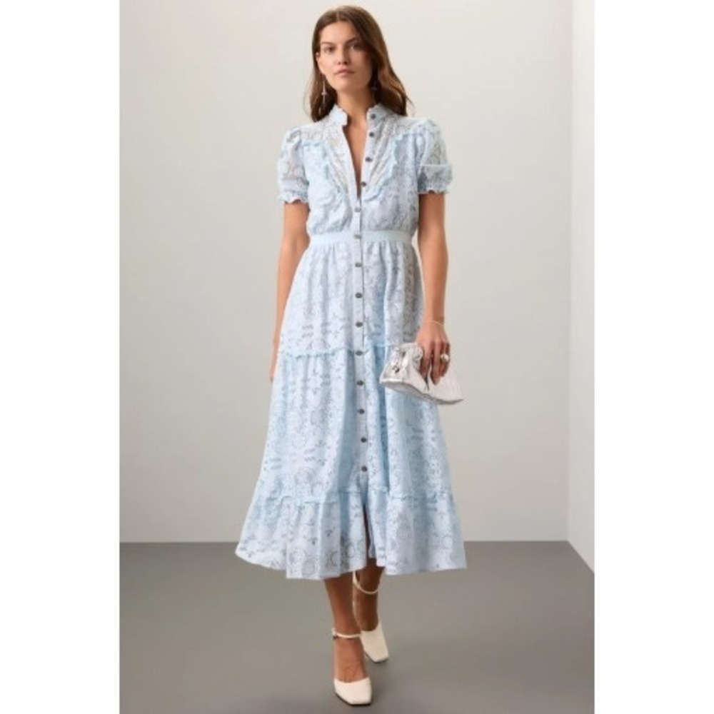 Pamela Love Blue Floral Lace Victorian Tiered Midi Dress Buttons Size L